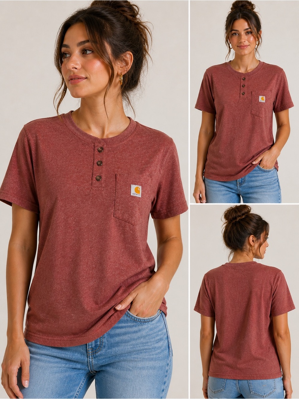 (A4) Carhartt Women’s Loose Fit Henley Tee Shirt Rust Red Size M NWT